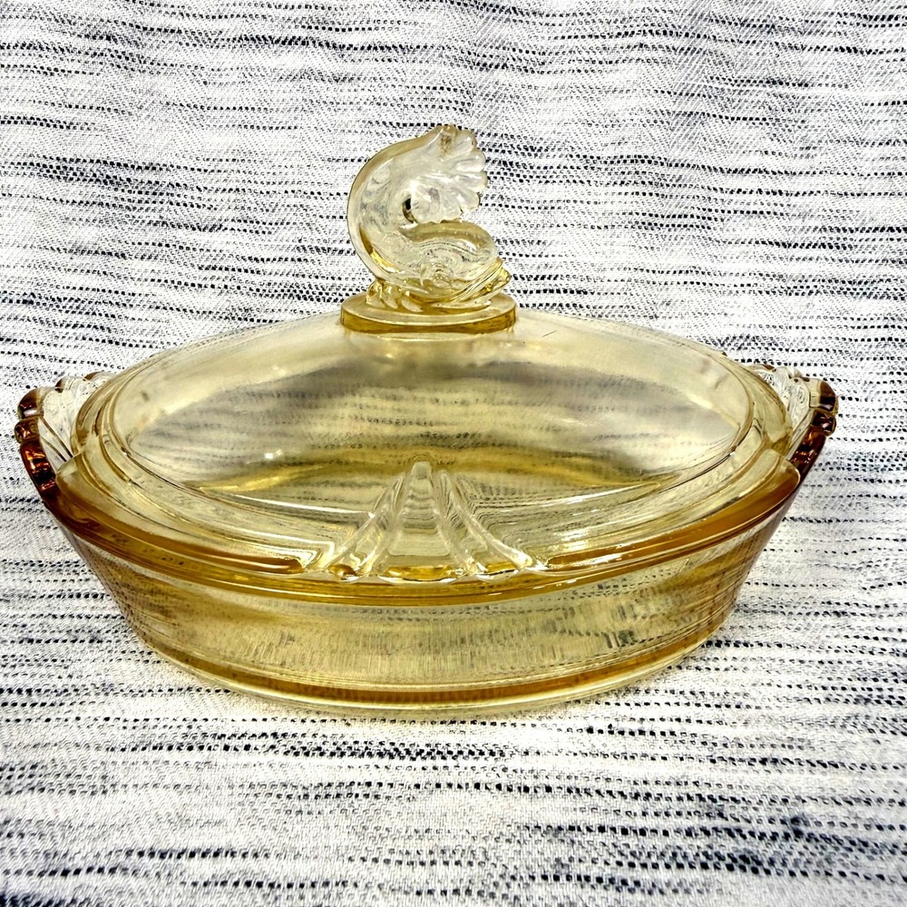 VTG Heisey Empress Sahara Yellow Glass Oval Covered Lemon Dish Dolphin Finial